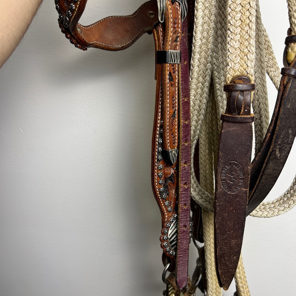 Unbranded Leather Headstall Double Diamond 7ft Reins Zebra Concho Brown Good - Picture 8 of 11